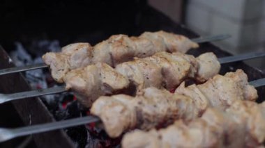 Lezzetli şiş kebap. Domuz eti yanıyor. Yemek yanıyor. Bahçede barbekü. Gürcü kebabı. Et, lezzetli bir yemek. Kızarmış et, sulu domuz eti. Kamp ateşinde yemek pişirmek. Gürcistan mutfağı. Şişte et.