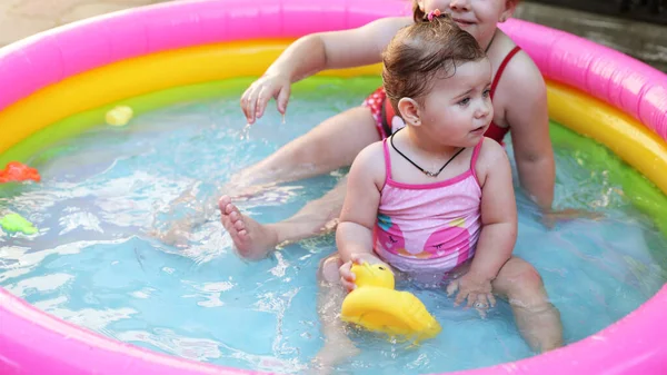 Child Plays Children Pool Swimming Yard Inflatable Pool Shade Girl — Stock Photo, Image