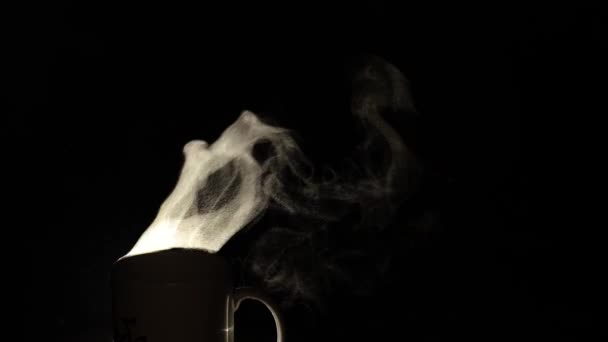 Cup Coffee Black Background Illuminated Light Silhouetted Night Coffee Clearly — Stock Video