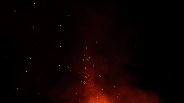 火災からの炎の飛行 黒い背景の火花は 遷移のためのオーバーレイとして使用することができます 自然なスパーク 空気中の可燃性粒子について さまざまなプロジェクトで使用するため — ストック動画