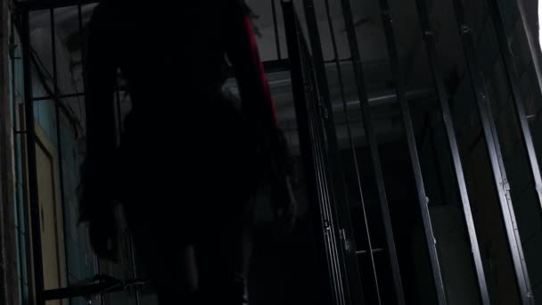 Brunette Girl Halloween Style Woman Prison Scary Scene Terrible Darkness — Stock Video