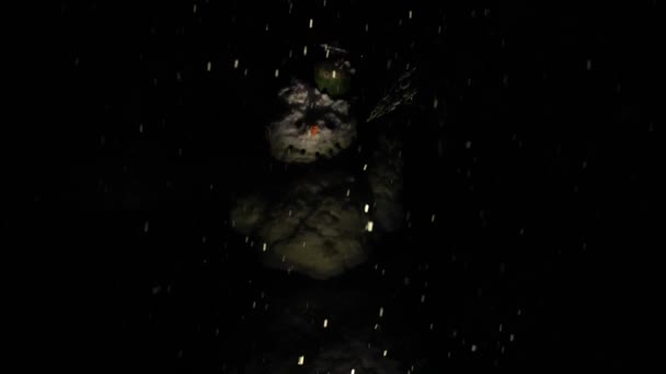 夜の雪だるま 雪が降っている 庭の冬 懐中電灯で照らされた雪片 子供たちは雪だるまを作った 彼は暗闇の中で面白くて怖い 冬の夜 お祭りの雰囲気 — ストック動画