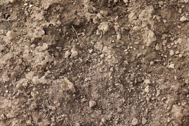 Toprak dokusunun üst görüntüsü. Toprak zemin, kirli sert kil. Çorak arazi, kuraklık. Alan sorunları, kuru arazi