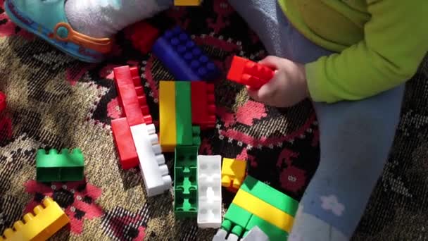 Cubos Infantis Cores Diferentes Criança Constrói Construtor Joga Quintal Brinquedos — Vídeo de Stock