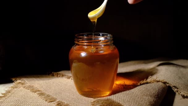 Μέλι Χύνεται Ένα Βάζο Από Ένα Κουτάλι Μέλισσα Χρήσιμο Προϊόν — Αρχείο Βίντεο