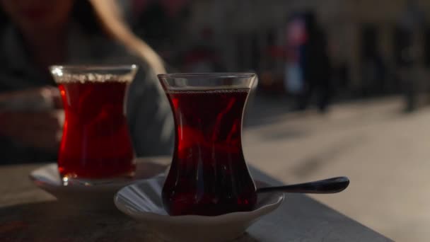 Turkish Tea Cups Street Cafe High Quality Footage — Stock Video