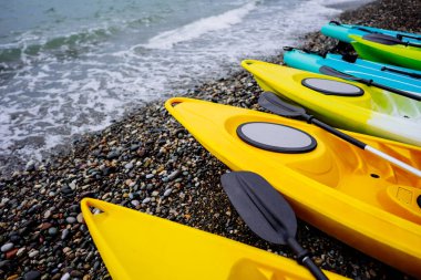 Kanolar ve SUP sörf tahtaları denizde. Olağanüstü bir spor. Boş zaman. Yüksek kalite fotoğraf