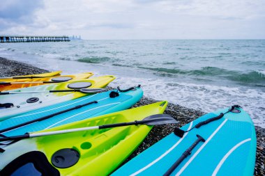 Kanolar ve SUP sörf tahtaları denizde. Olağanüstü bir spor. Boş zaman. Yüksek kalite fotoğraf