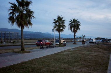 15.11.2024 - Batum, Gürcistan. Akşamları bulvarın kıyısında. Dağlar ve palmiye ağaçları. Yüksek kalite fotoğraf