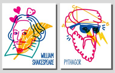 Ünlü şair William Shakespeare ve antik bilim adamı Pisagor 'un vektör çizgisi çizimi