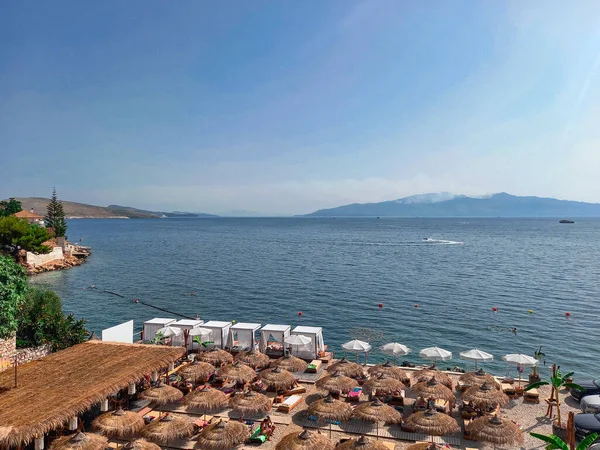 Olhando Para Ilha Corfu Partir Praia Saranda Albânia — Fotografia de Stock