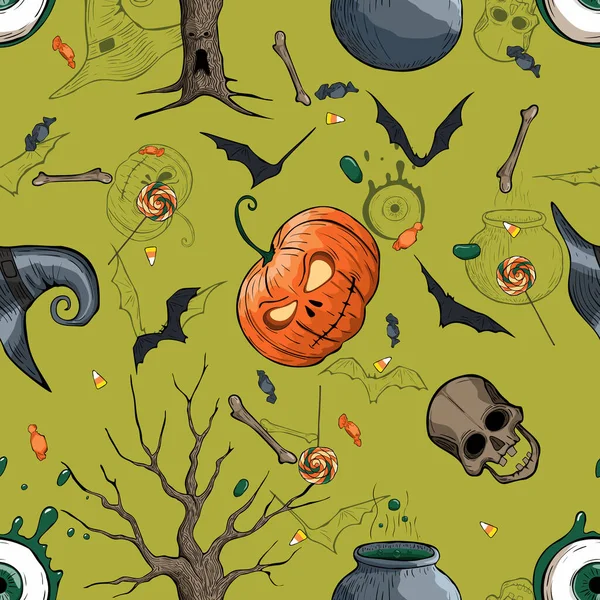 Modèle Sans Couture Halloween Texture Avec Citrouilles Chauves Souris — Image vectorielle