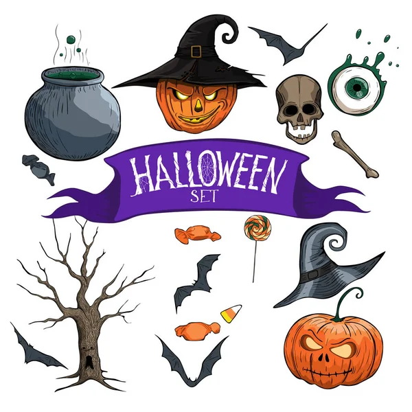 Collection Halloween Avec Caractère Divers Symboles Vacances Clip Art Éléments — Image vectorielle
