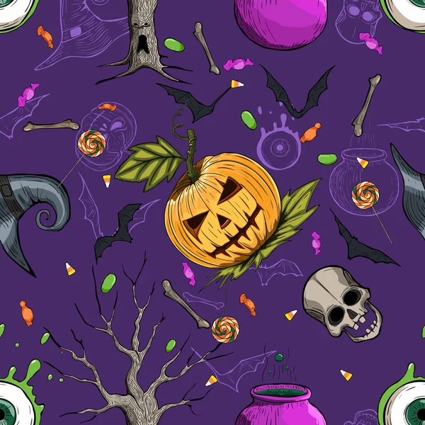 Halloween Sem Costura Padrão Textura Com Abóboras Ossos Morcegos — Vetor de Stock