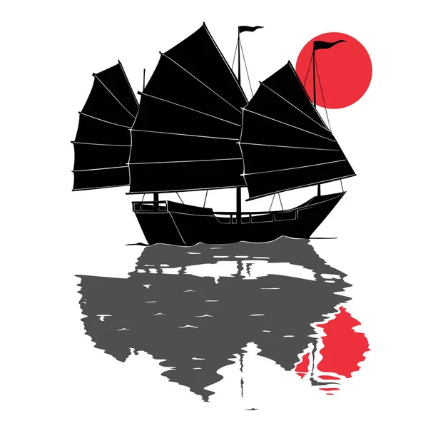 Silhuett Kinesiska Skräp Båt Med Segel Traditionell Bläckmålning Stil — Stock vektor