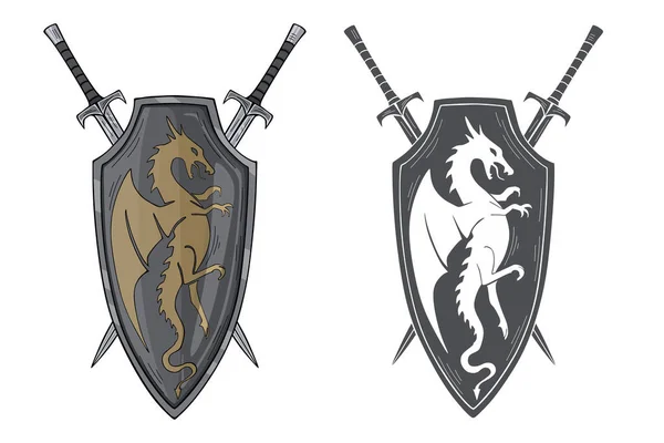 Avena Armas Escudo Caballero Medieval Las Espadas Cruzadas Signo Dragón — Vector de stock