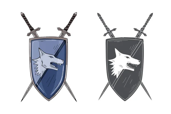 Escudo Armas Escudo Caballero Medieval Las Espadas Cruzadas Signo Lobo — Vector de stock