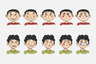 Farklı yüz ifadeleri olan kadın ve erkek ayrı bir vektör çizimi oluşturdular.