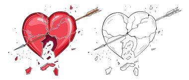 Kırık kalp ve beyaz arka planda izole edilmiş ok