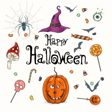 Balkabağı ve kart tasarım şablonuyla Mutlu Cadılar Bayramı çizimleri