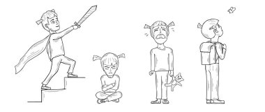 Farklı duruşlarda, farklı duyguları olan küçük bir kızın vektör seti.