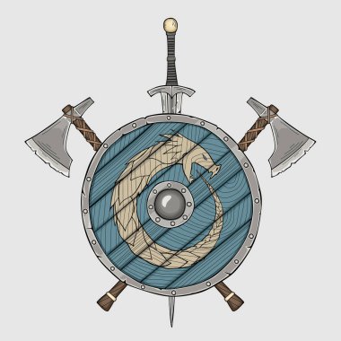 Viking çapraz baltaları, kılıcı ve kalkanı