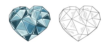 Kristallerden yapılmış kalp, beyaz arkaplanda izole edilmiş, vektör illüstrasyonu