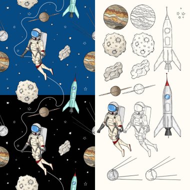 Planet pattern with constellations and stars. Astronaut with rocket in the open space Cute