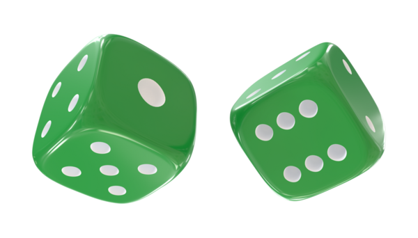 Two green dice, isolated on dark