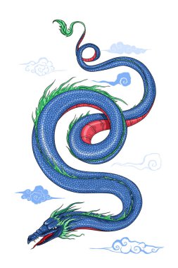 Blue dragon in the sky surrounded by clouds clipart