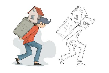 İş adamı sırtında bir kutu ve ev taşıyor.