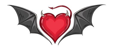 Şeytani kanatları ve kuyruğu olan kırmızı kalp. Boynuzlar kafaya