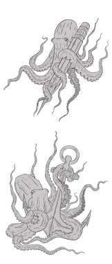 Set of octopus. illustration with tentacles, anchor, and yellow pencil clipart