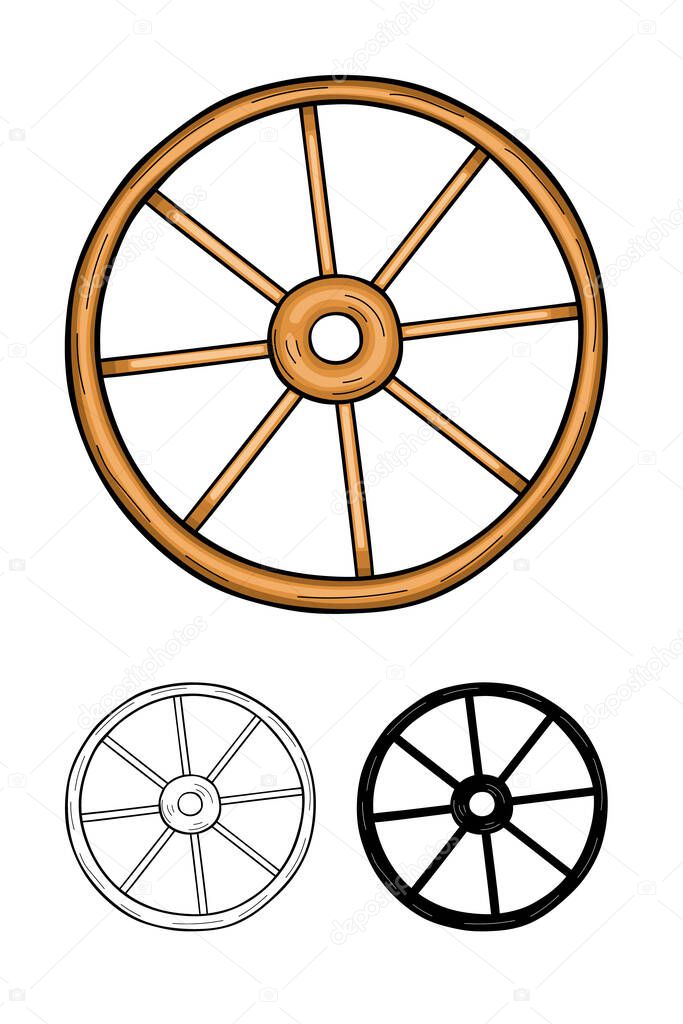 Old wooden wheel, vector illustration isolated on white background