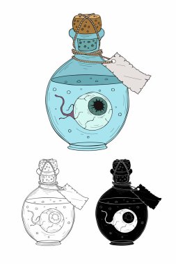 Göz küresi ile sihirli iksir şişeleri. Vektör illüstrasyonu