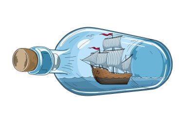 Ship in bottle, colorful miniature sailing sea vessel clipart