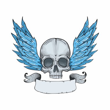 Skull with wings. Vector illustration, tattoo sketch, emblem clipart