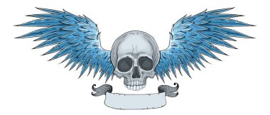 Monochrome Skull with wings. Vector illustration, tattoo sketch, emblem clipart