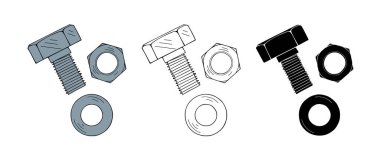 Çelik cıvata, altıgen fındık ve çamaşır makinesi beyaz arka planda izole edilmiş.