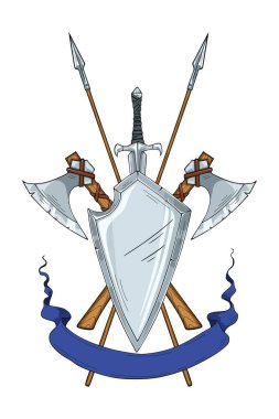 Metal bir kalkanla ortaçağ kraliyet amblemi çapraz savaş baltaları, bir kılıç ve mızraklar.