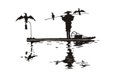 Balıkçı ve karabatak silueti, vektör illüstrasyonu