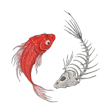 Kırmızı balık ve balık iskeleti yaşam ve ölümün sembolü olarak daireler çizerek yüzüyor.