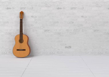 Beyaz Tuğla Duvara Karşı Klasik Gitar