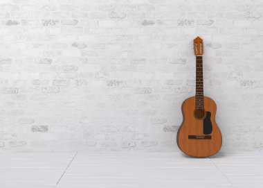 Beyaz Tuğla Duvara Karşı Klasik Gitar 3D