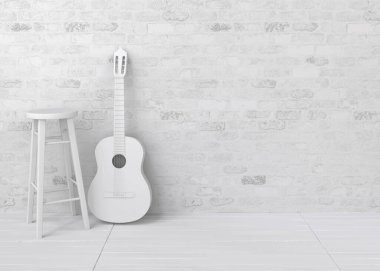 Klasik Gitar Tahta Sandalyenin yanında 3D çizim