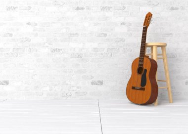 Klasik Gitar Tahta Sandalyenin yanında yatıyor 3D