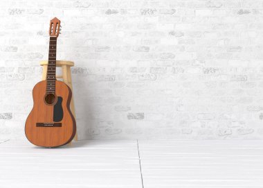 Klasik Gitar Tahta Sandalyenin yanında yatıyor 3D