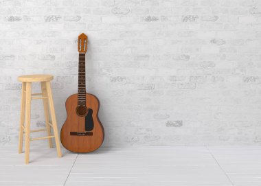 Klasik Gitar Tahta Sandalyenin yanında yatıyor. Elle oluşturulmuş 3D canlandırma