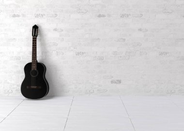 Beyaz tuğla duvara dayanan siyah klasik gitar 3D