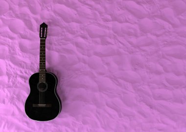 Mor kum üzerinde uzanan siyah klasik gitar 3D render